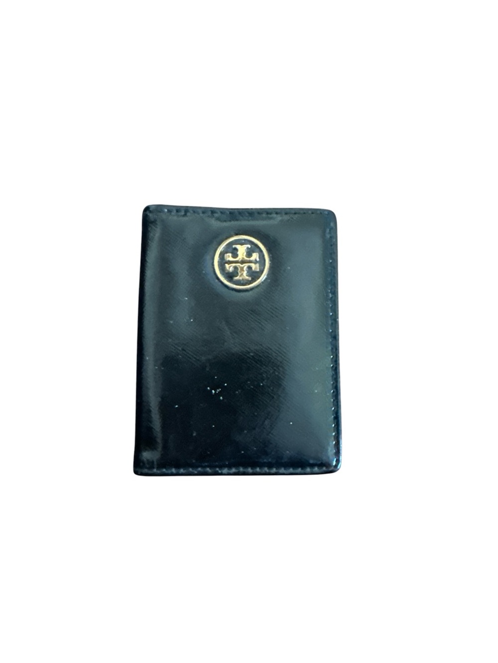 Tory Burch Black Patent Leather Card & Key Wallet with Gold Emblem